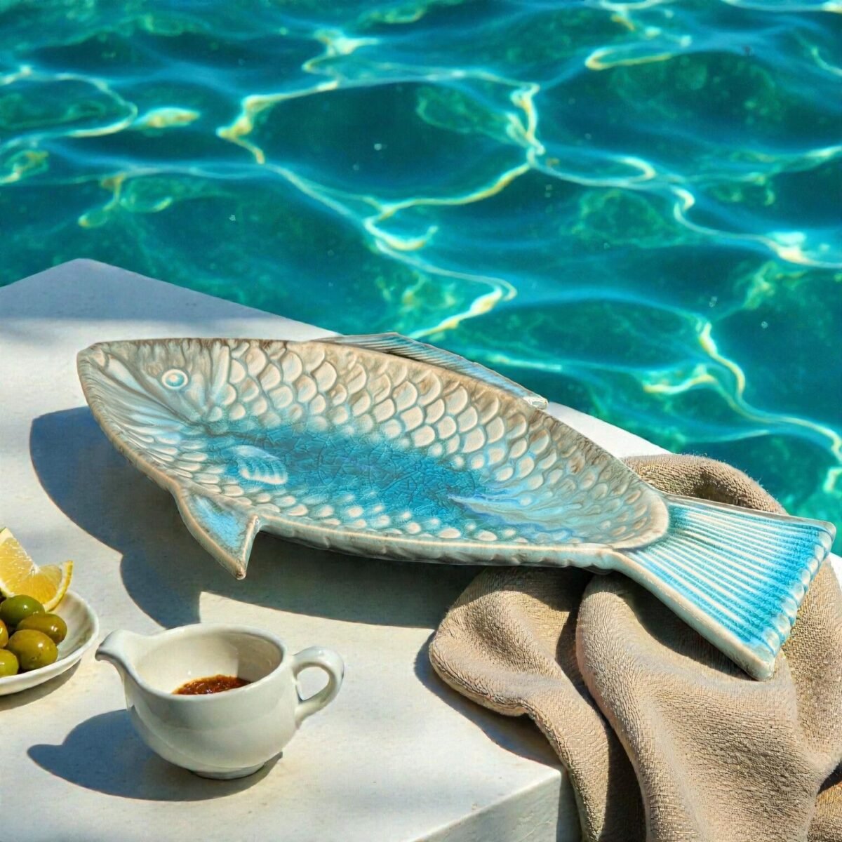 Harmiche Laguna Luxe Crackle Glaze Fish-Shaped Ceramic Serving Platter – 12 x 6 Inch (Coastal Blue)