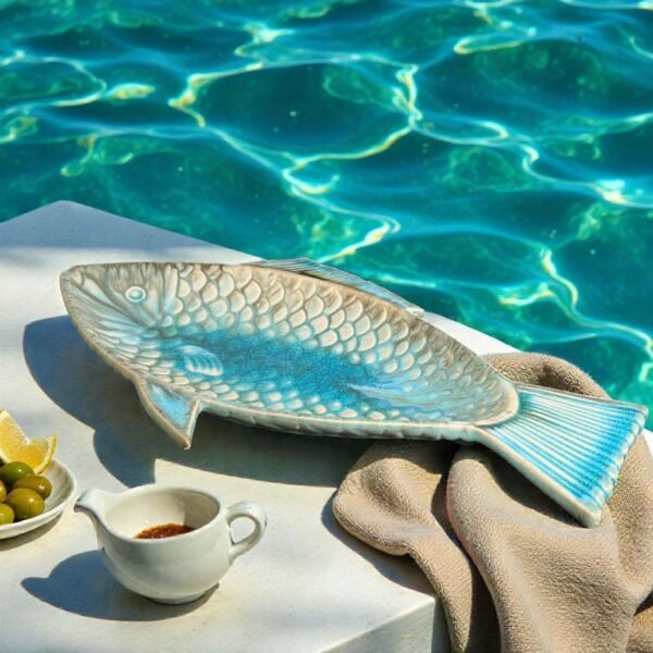 Harmiche Laguna Luxe Crackle Glaze Fish-Shaped Ceramic Serving Platter – 12 x 6 Inch (Coastal Blue)
