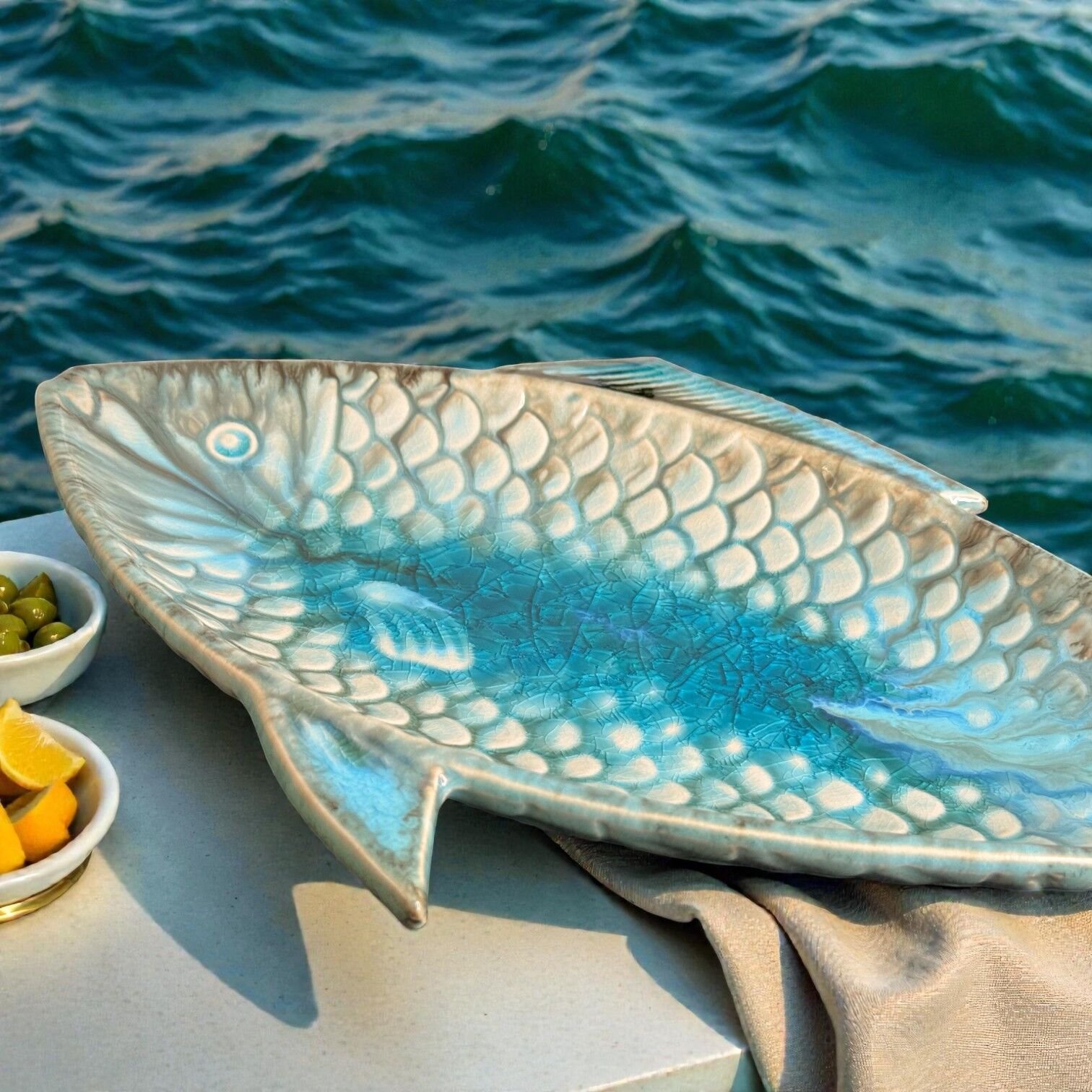 Harmiche Laguna Luxe Crackle Glaze Fish-Shaped Ceramic Serving