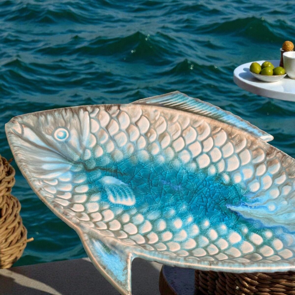 Harmiche Laguna Luxe Crackle Glaze Fish-Shaped Ceramic Serving Platter – 12 x 6 Inch (Coastal Blue)