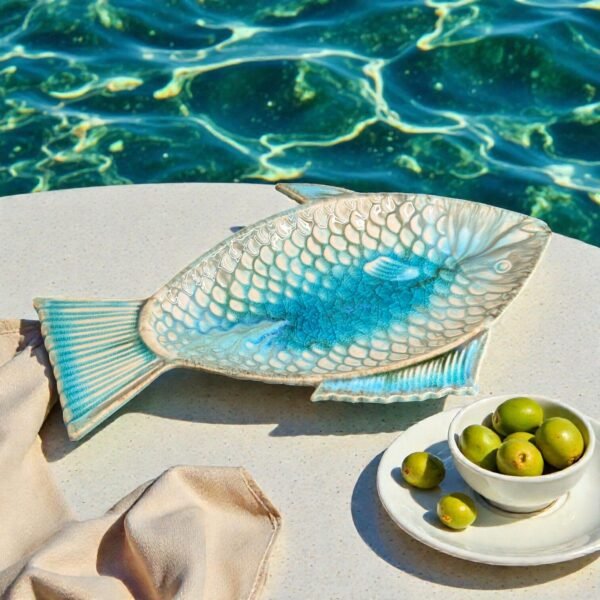 Harmiche Laguna Luxe Crackle Glaze Fish-Shaped Ceramic Serving Platter – 12 x 6 Inch (Coastal Blue)