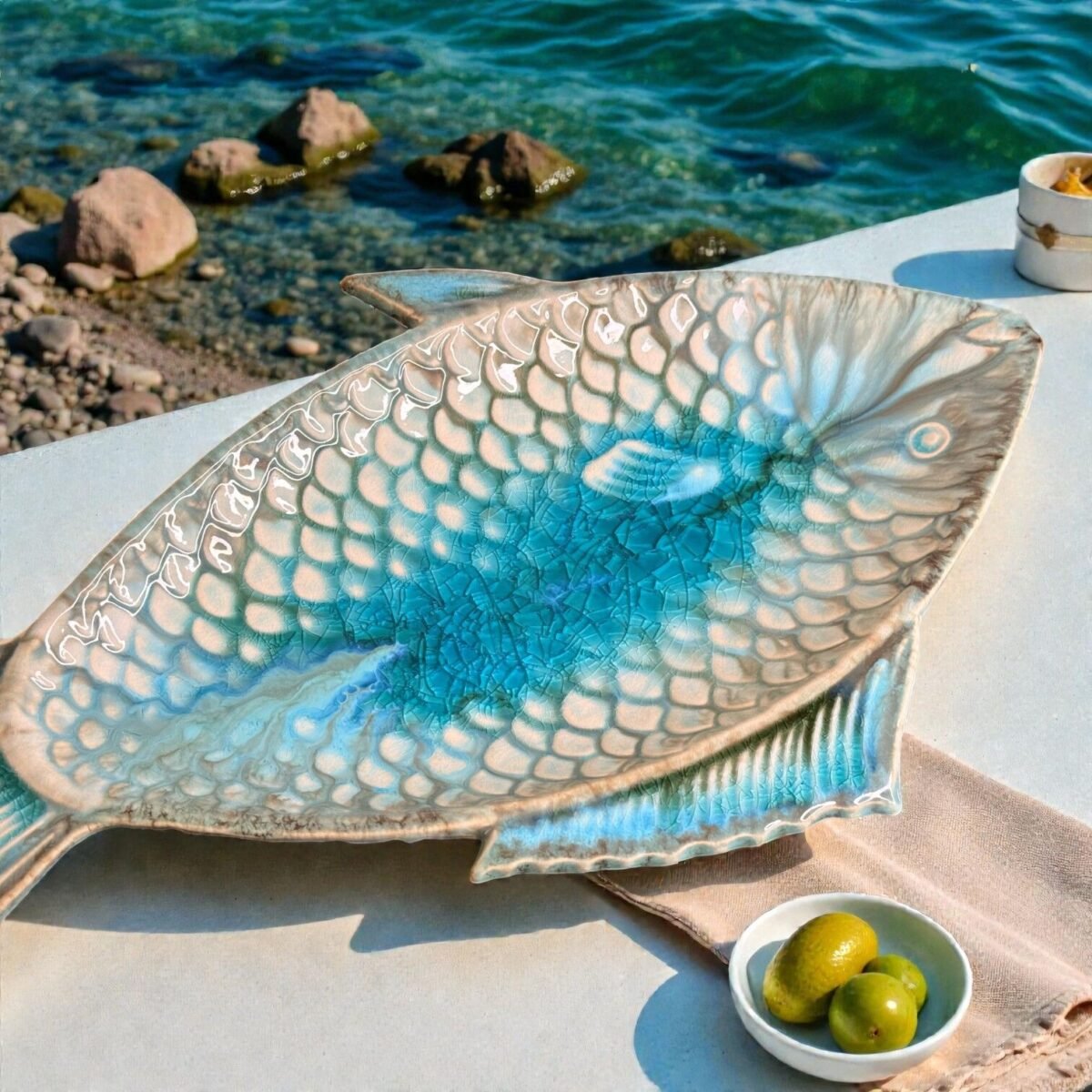Harmiche Laguna Luxe Crackle Glaze Fish-Shaped Ceramic Serving Platter – 12 x 6 Inch (Coastal Blue)