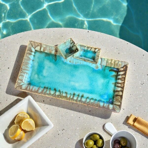 Harmiche Laguna Luxe Crackle Glaze Ceramic Serving Platter with Dual Dip Bowls – 14 x 7 Inch
