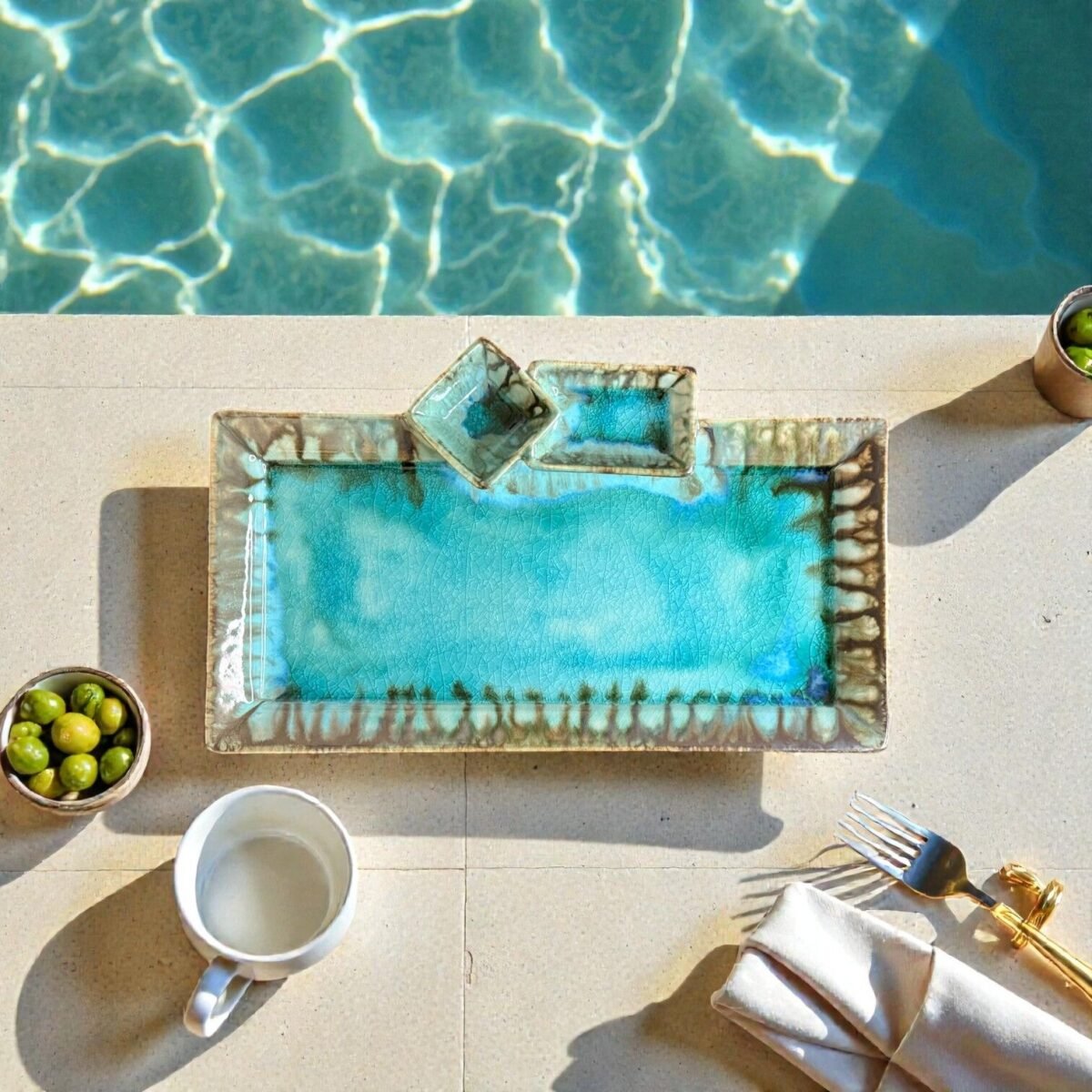 Harmiche Laguna Luxe Crackle Glaze Ceramic Serving Platter with Dual Dip Bowls – 14 x 7 Inch