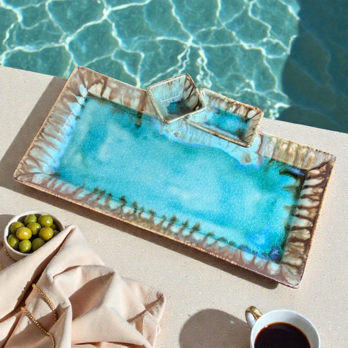 Harmiche Laguna Luxe Crackle Glaze Ceramic Serving Platter with Dual Dip Bowls – 14 x 7 Inch