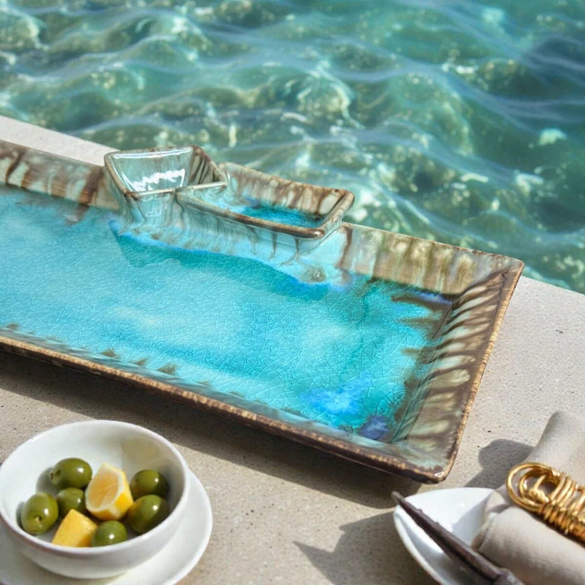 Harmiche Laguna Luxe Crackle Glaze Ceramic Serving Platter with Dual Dip Bowls – 14 x 7 Inch