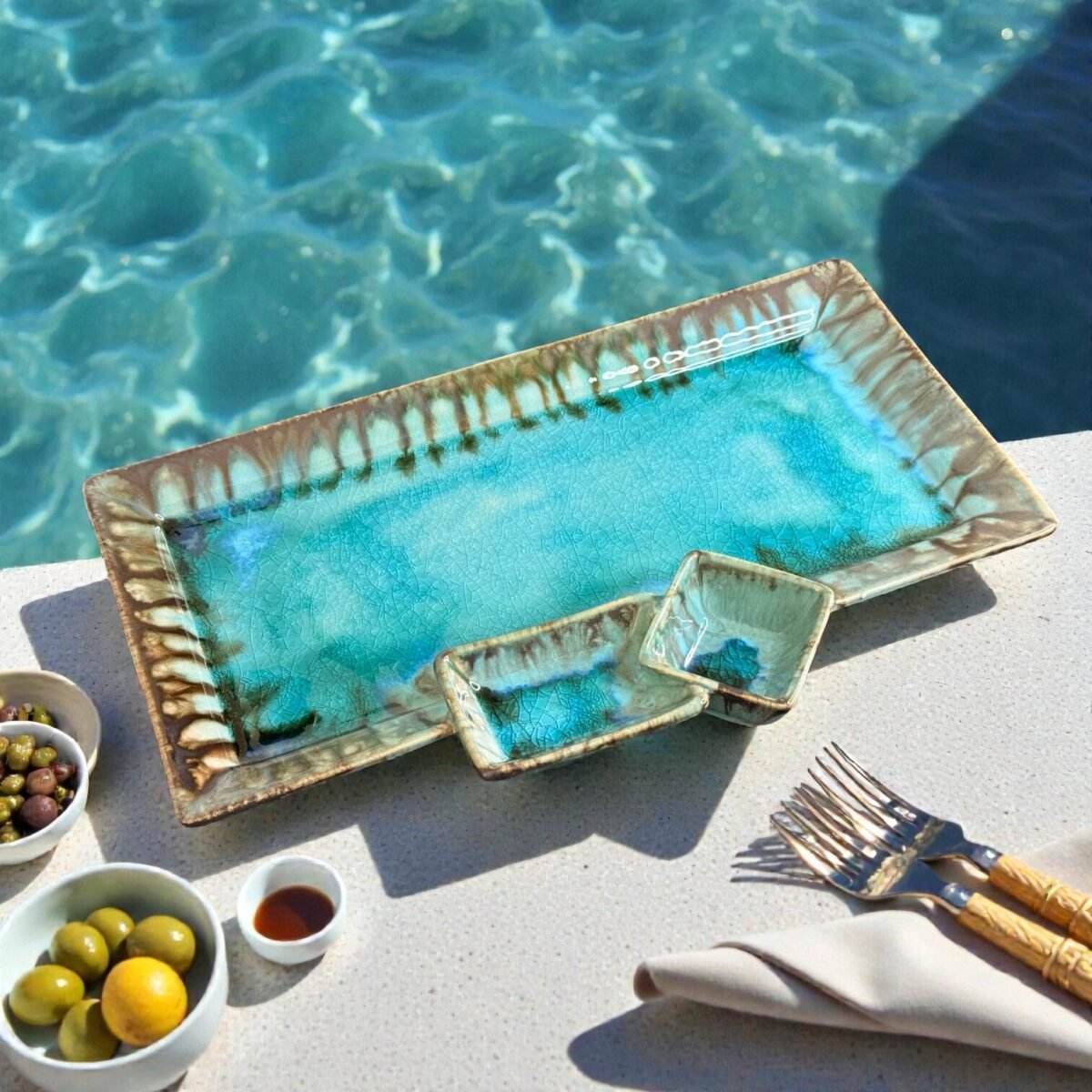 Harmiche Laguna Luxe Crackle Glaze Ceramic Serving Platter with Dual Dip Bowls – 14 x 7 Inch