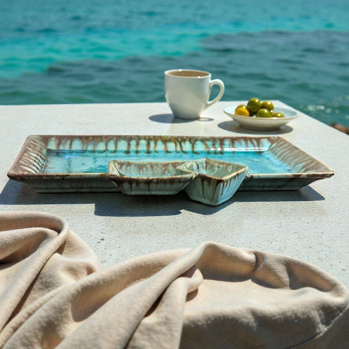 Harmiche Laguna Luxe Crackle Glaze Ceramic Serving Platter with Dual Dip Bowls – 14 x 7 Inch