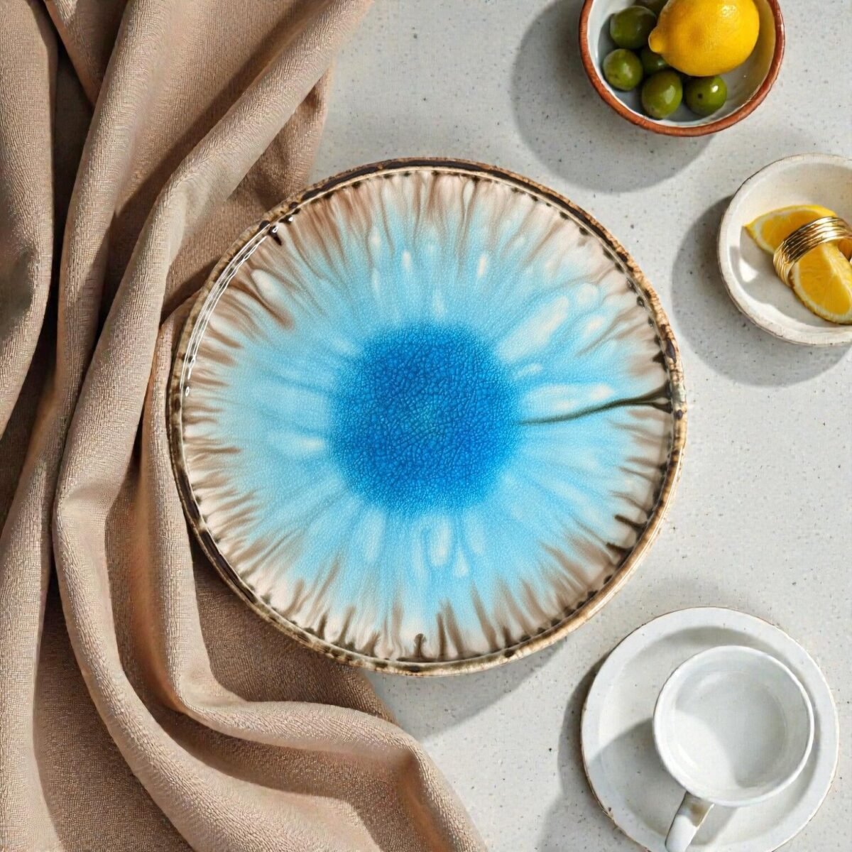 Harmiche Laguna Luxe Crackle Glaze Ceramic Serving Platter – 14 Inch (Round)