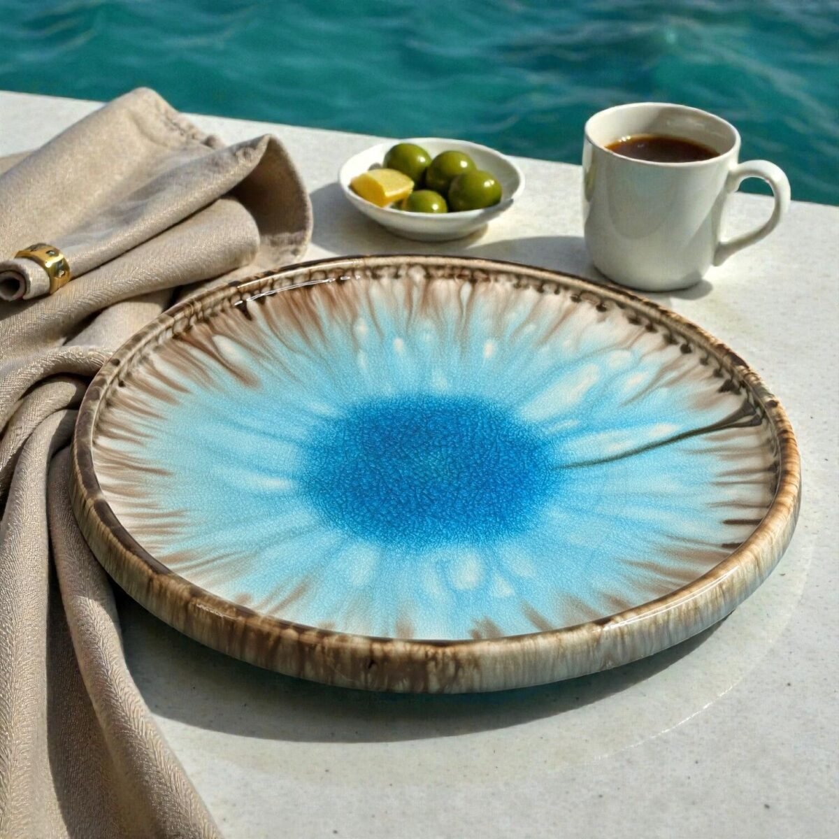 Harmiche Laguna Luxe Crackle Glaze Ceramic Serving Platter – 14 Inch (Round)