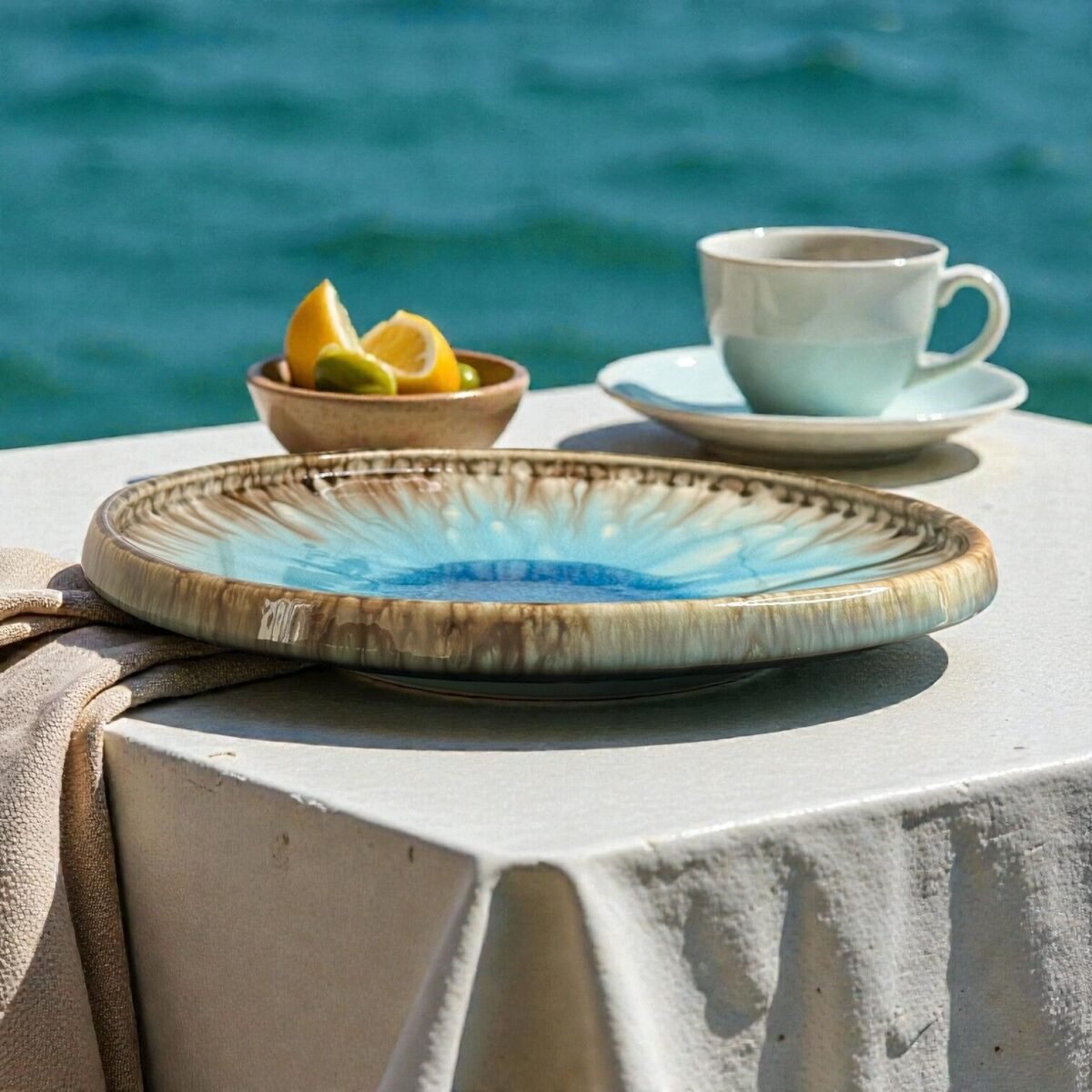 Harmiche Laguna Luxe Crackle Glaze Ceramic Serving Platter – 14 Inch (Round)