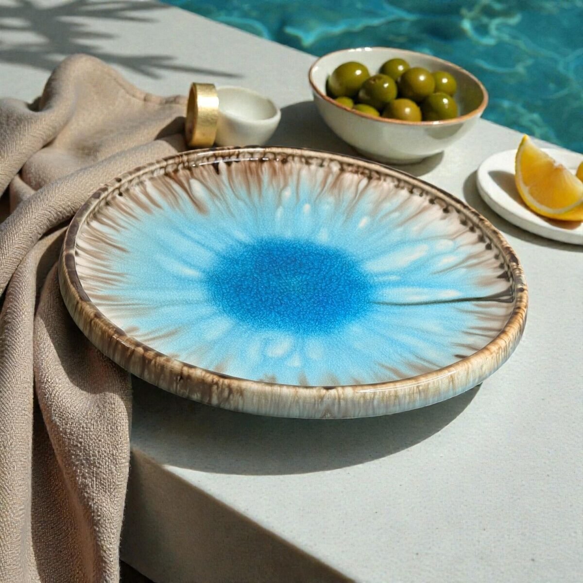 Harmiche Laguna Luxe Crackle Glaze Ceramic Serving Platter – 14 Inch (Round)