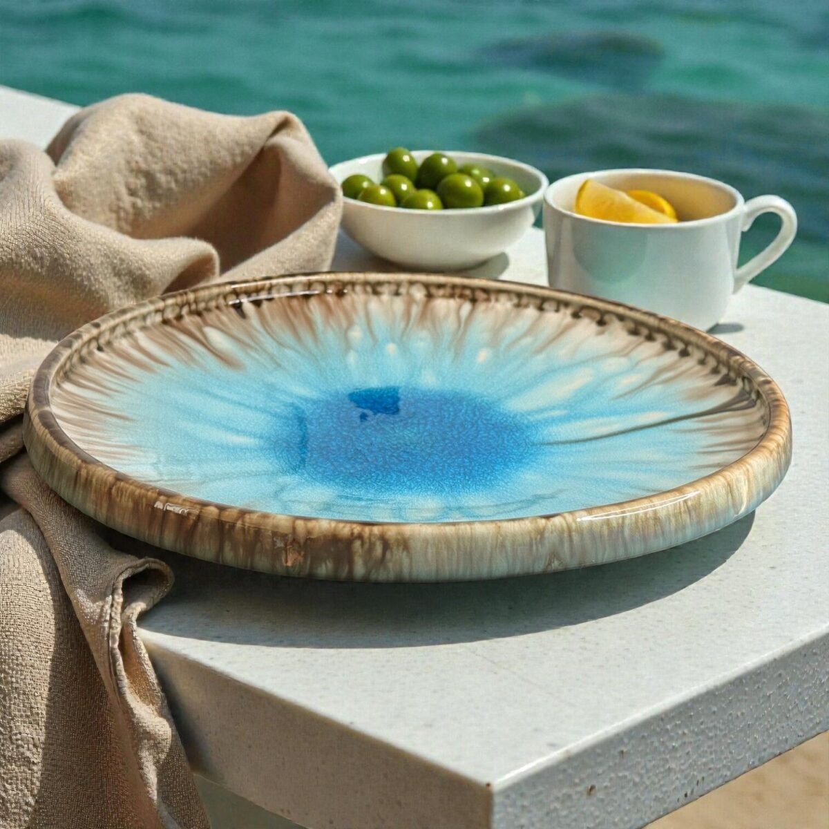 Harmiche Laguna Luxe Crackle Glaze Ceramic Serving Platter – 14 Inch (Round)