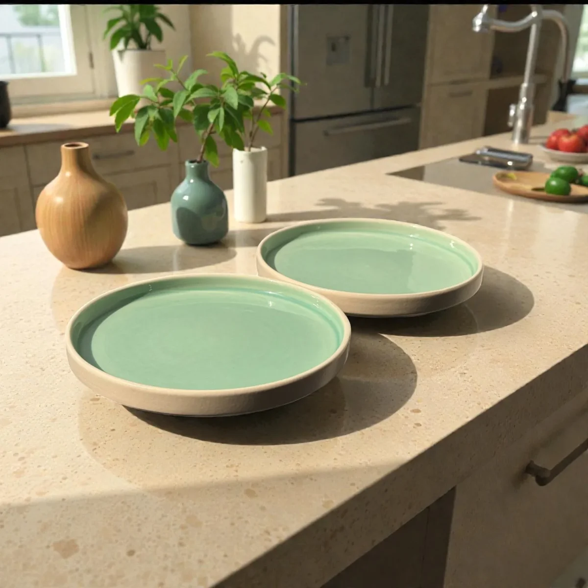 Harmiche Celadon Whisper Rimmed Ceramic Quarter Plates (Set of 2) – 8 Inch | Minimal Snack Plates