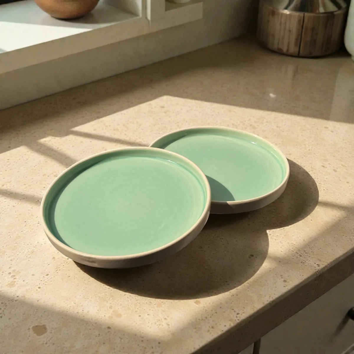 Harmiche Celadon Whisper Rimmed Ceramic Quarter Plates (Set of 2) – 8 Inch | Minimal Snack Plates