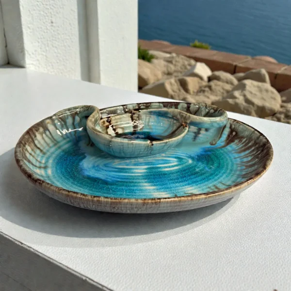 Harmiche Laguna Luxe Crackle Glaze Oval Chip & Dip Platter with Centre Dip Bowl – Coastal Blue (10 x 7.5 Inch)