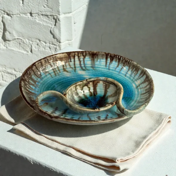 Harmiche Laguna Luxe Crackle Glaze Oval Chip & Dip Platter with Centre Dip Bowl – Coastal Blue (10 x 7.5 Inch)