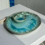 Harmiche Laguna Luxe Crackle Glaze Ceramic Medium Oval Chip and Dip Platter with Centre Dip Bowl – Coastal Blue (12 x 9 Inch)