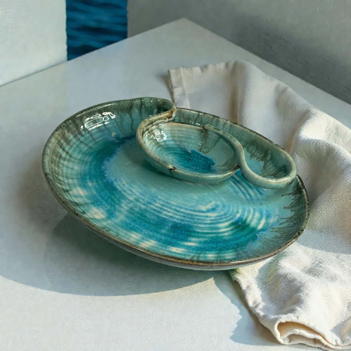 Harmiche Laguna Luxe Crackle Glaze Ceramic Medium Oval Chip and Dip Platter with Centre Dip Bowl – Coastal Blue (12 x 9 Inch)