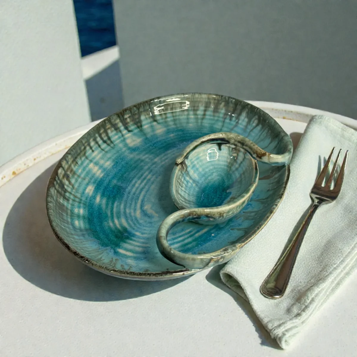 Harmiche Laguna Luxe Crackle Glaze Ceramic Medium Oval Chip and Dip Platter with Centre Dip Bowl – Coastal Blue (12 x 9 Inch)