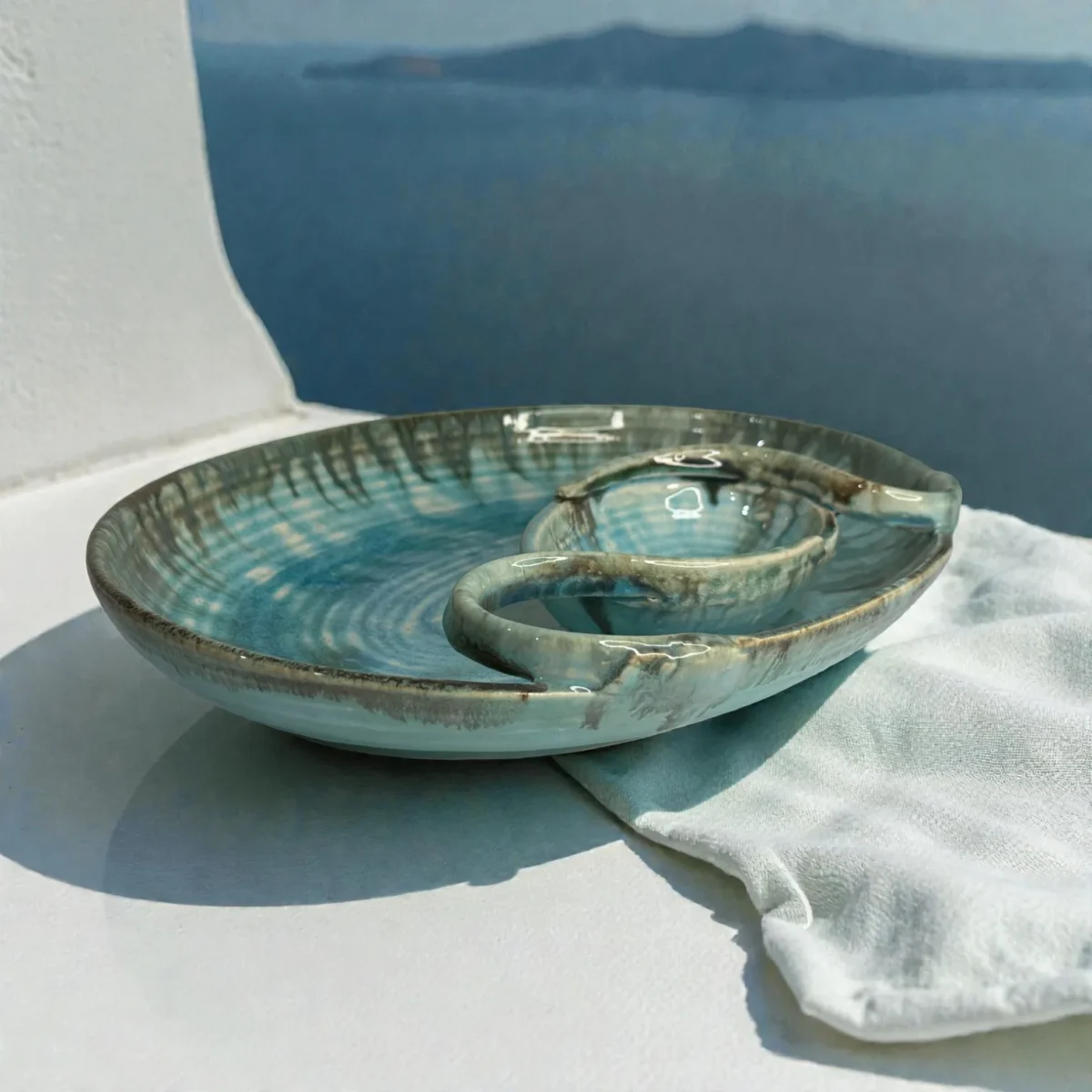 Harmiche Laguna Luxe Crackle Glaze Ceramic Medium Oval Chip and Dip Platter with Centre Dip Bowl – Coastal Blue (12 x 9 Inch)