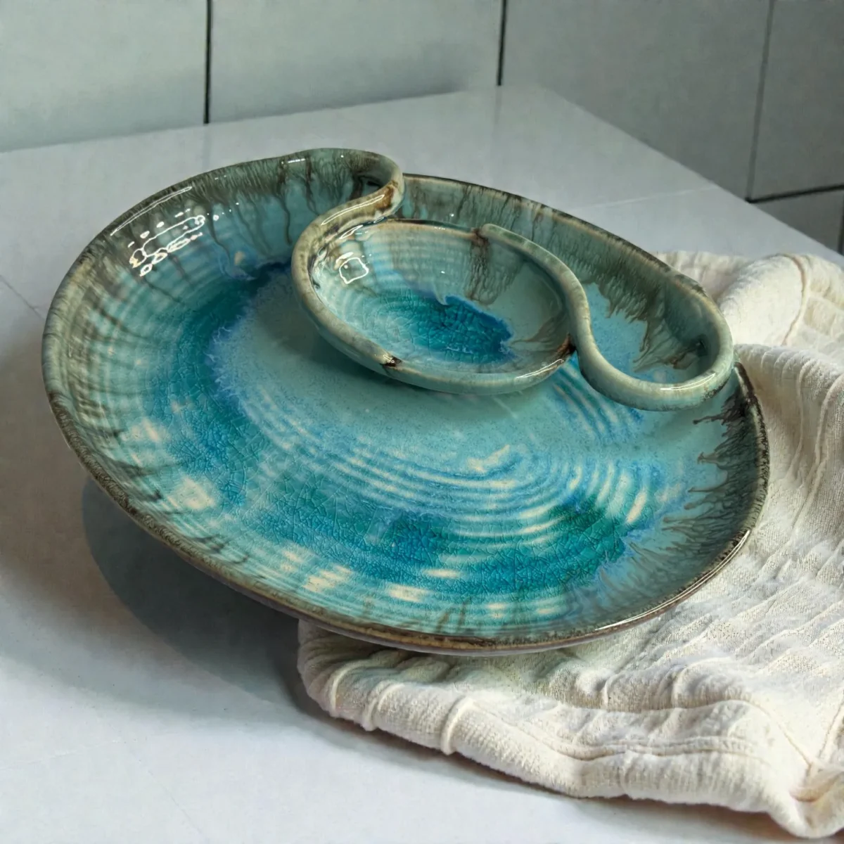 Harmiche Laguna Luxe Crackle Glaze Ceramic Medium Oval Chip and Dip Platter with Centre Dip Bowl – Coastal Blue (12 x 9 Inch)