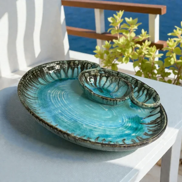 Harmiche Laguna Luxe Crackle Glaze Ceramic Large Oval Chip and Dip Platter with Centre Dip Bowl – Coastal Blue (14 x 10.5 Inch)