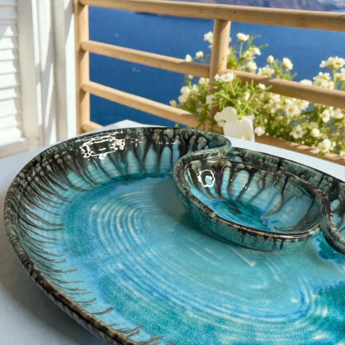 Harmiche Laguna Luxe Crackle Glaze Ceramic Large Oval Chip and Dip Platter with Centre Dip Bowl – Coastal Blue (14 x 10.5 Inch)