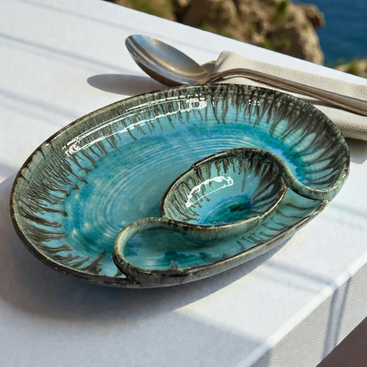 Harmiche Laguna Luxe Crackle Glaze Ceramic Large Oval Chip and Dip Platter with Centre Dip Bowl – Coastal Blue (14 x 10.5 Inch)