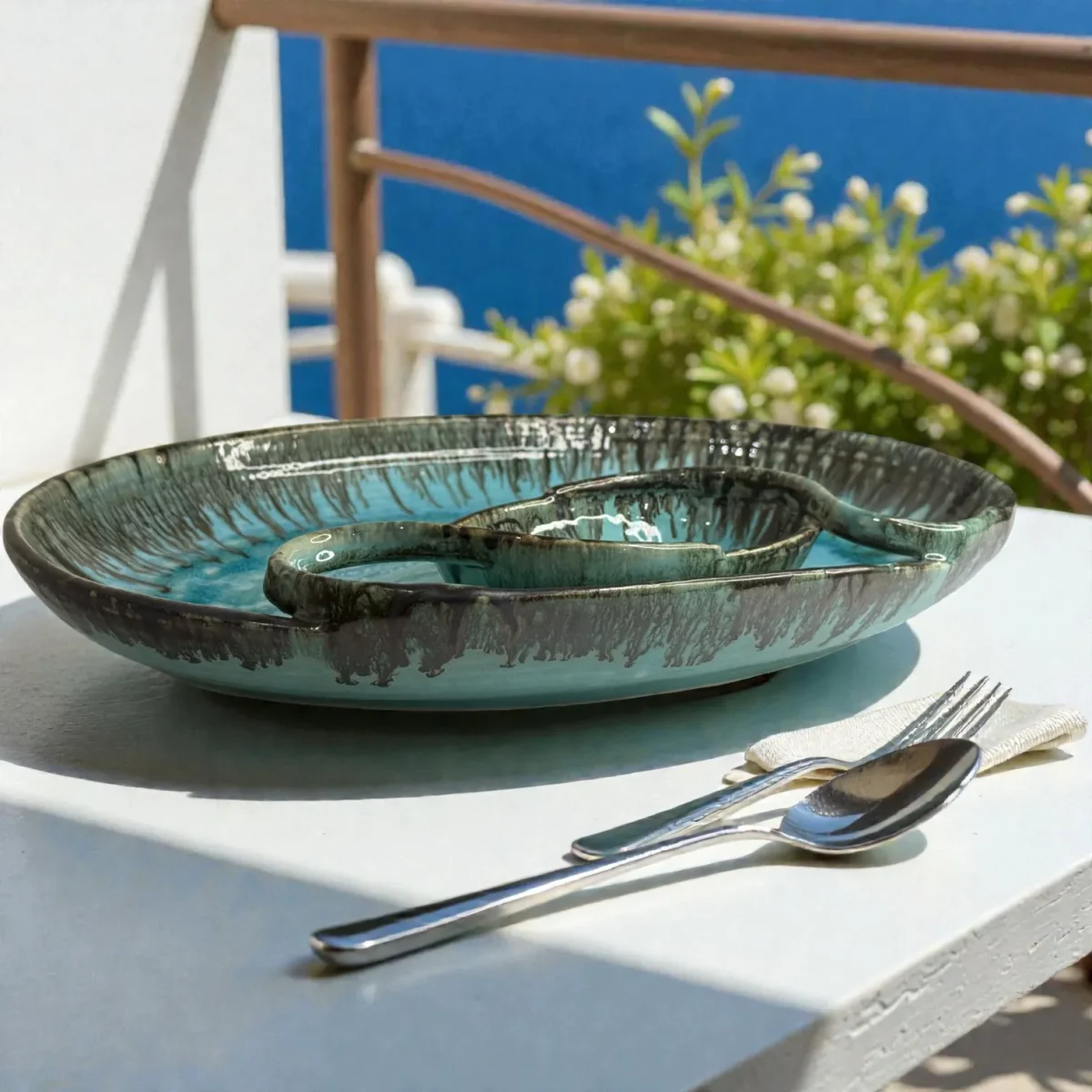 Harmiche Laguna Luxe Crackle Glaze Ceramic Large Oval Chip and Dip Platter with Centre Dip Bowl – Coastal Blue (14 x 10.5 Inch)