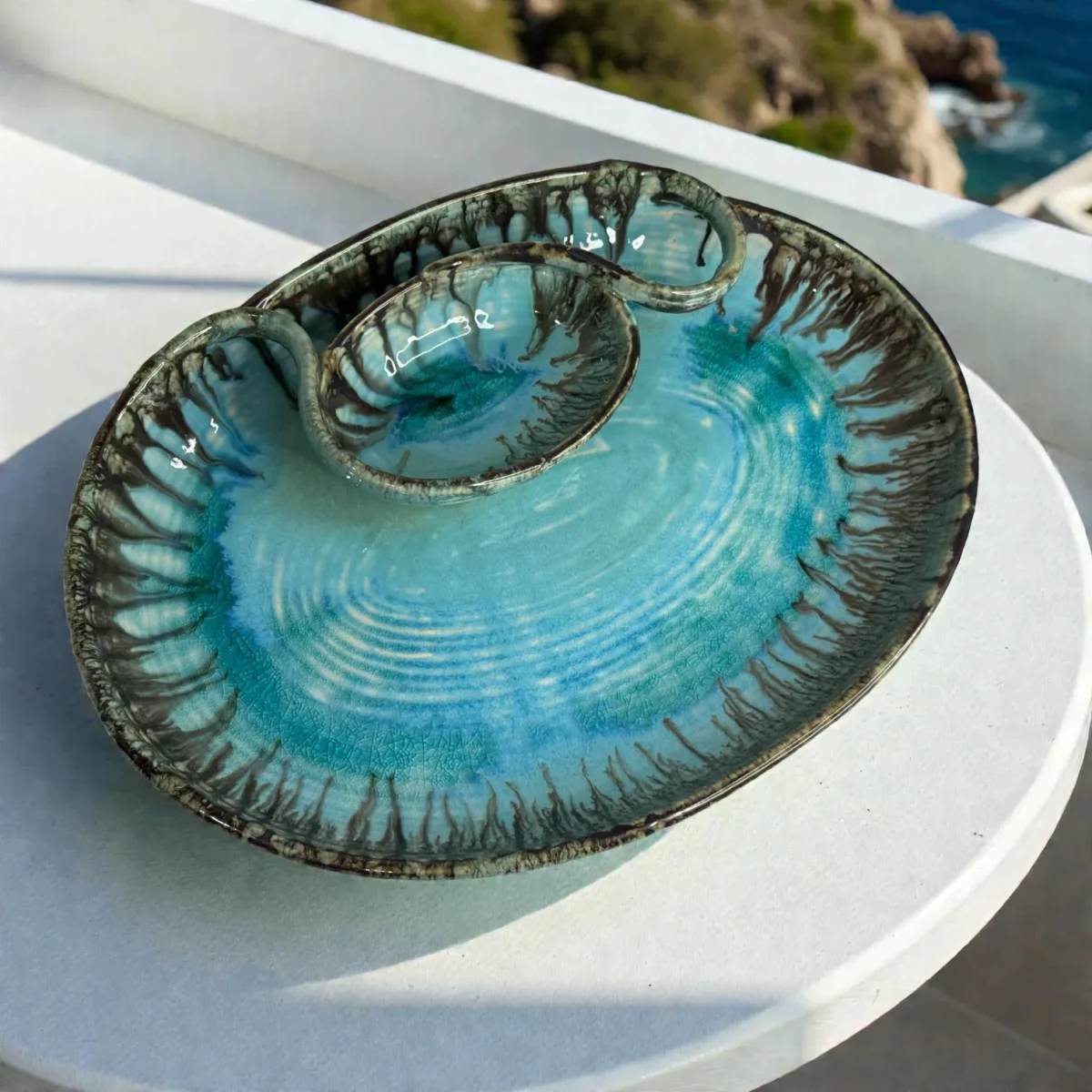 Harmiche Laguna Luxe Crackle Glaze Ceramic Large Oval Chip and Dip Platter with Centre Dip Bowl – Coastal Blue (14 x 10.5 Inch)