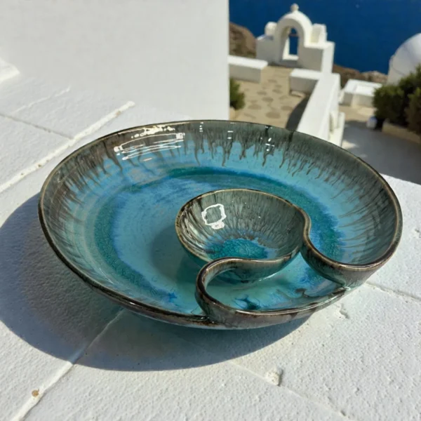 Harmiche Laguna Luxe Crackle Small Round Ceramic Chip and Dip Platter (10 Inch) – Aqua Blue Snack Serving Platter with Built-in Dip Bowl