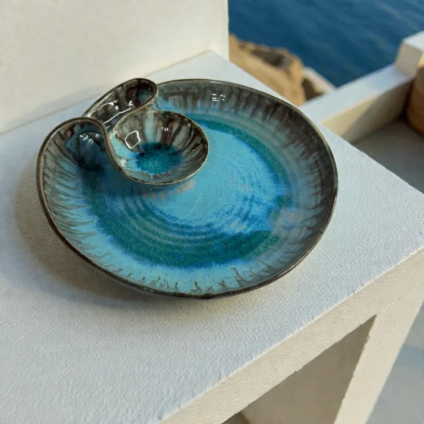 Harmiche Laguna Luxe Crackle Small Round Ceramic Chip and Dip Platter (10 Inch) – Aqua Blue Snack Serving Platter with Built-in Dip Bowl
