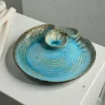 Harmiche Laguna Luxe Crackle Large Round Ceramic Chip and Dip Platter (14 Inch) – Aqua Blue Snack Serving Platter with Built-in Dip Bowl