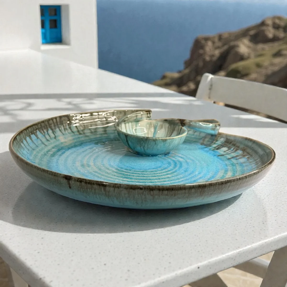Harmiche Laguna Luxe Crackle Large Round Ceramic Chip and Dip Platter (14 Inch) – Aqua Blue Snack Serving Platter with Built-in Dip Bowl