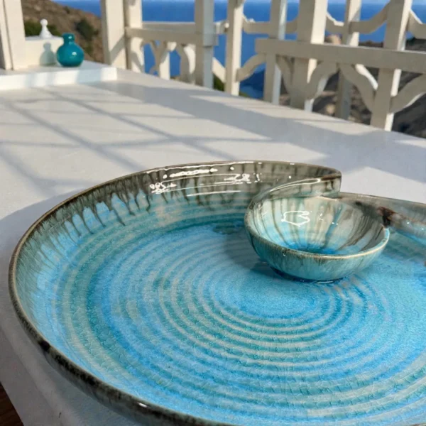 Harmiche Laguna Luxe Crackle Large Round Ceramic Chip and Dip Platter (14 Inch) – Aqua Blue Snack Serving Platter with Built-in Dip Bowl