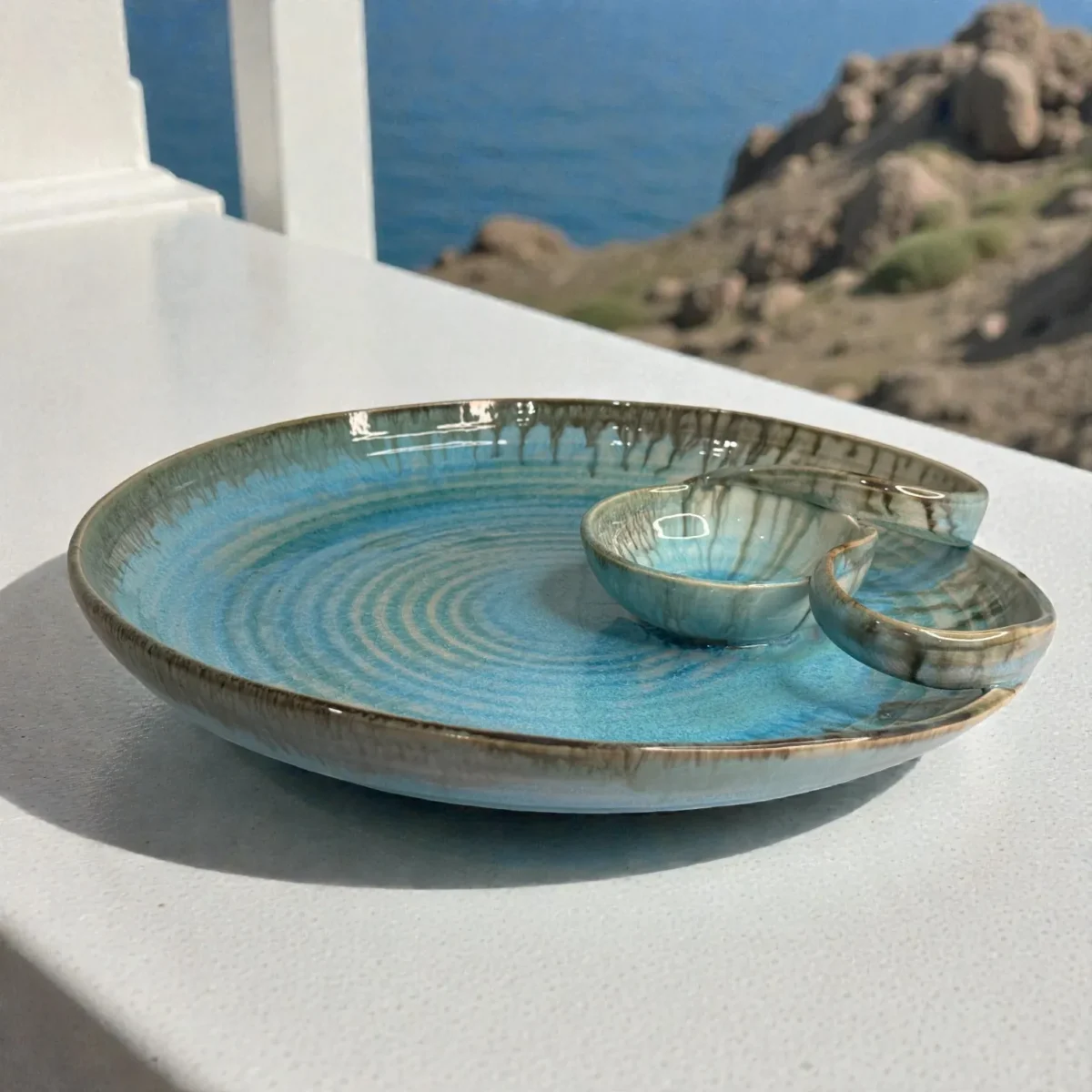 Harmiche Laguna Luxe Crackle Large Round Ceramic Chip and Dip Platter (14 Inch) – Aqua Blue Snack Serving Platter with Built-in Dip Bowl