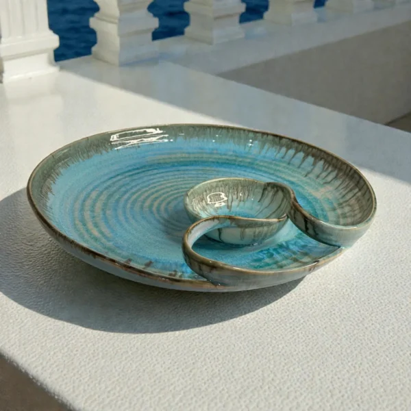 Harmiche Laguna Luxe Crackle Large Round Ceramic Chip and Dip Platter (14 Inch) – Aqua Blue Snack Serving Platter with Built-in Dip Bowl