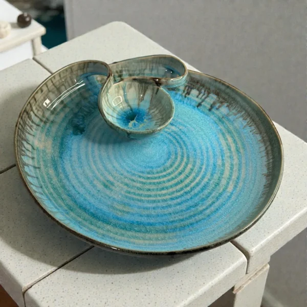 Harmiche Laguna Luxe Crackle Large Round Ceramic Chip and Dip Platter (14 Inch) – Aqua Blue Snack Serving Platter with Built-in Dip Bowl
