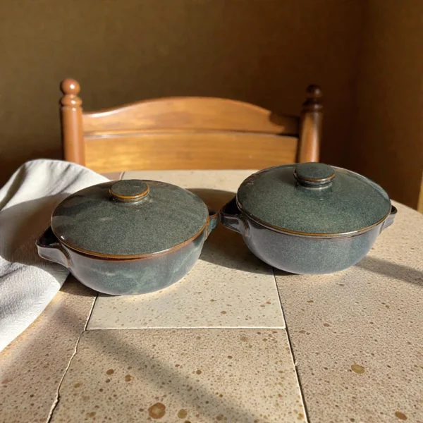 Harmiche Storm Ash Ceramic Serving Bowls with Lid (Set of 2, 1000 ml each)