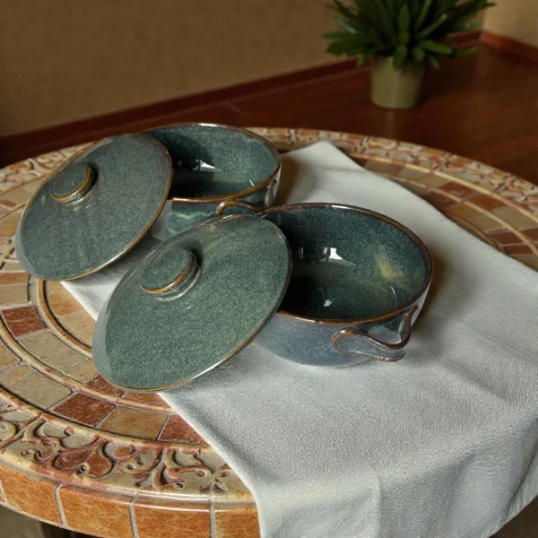 Harmiche Storm Ash Ceramic Serving Bowls with Lid (Set of 2, 1000 ml each)