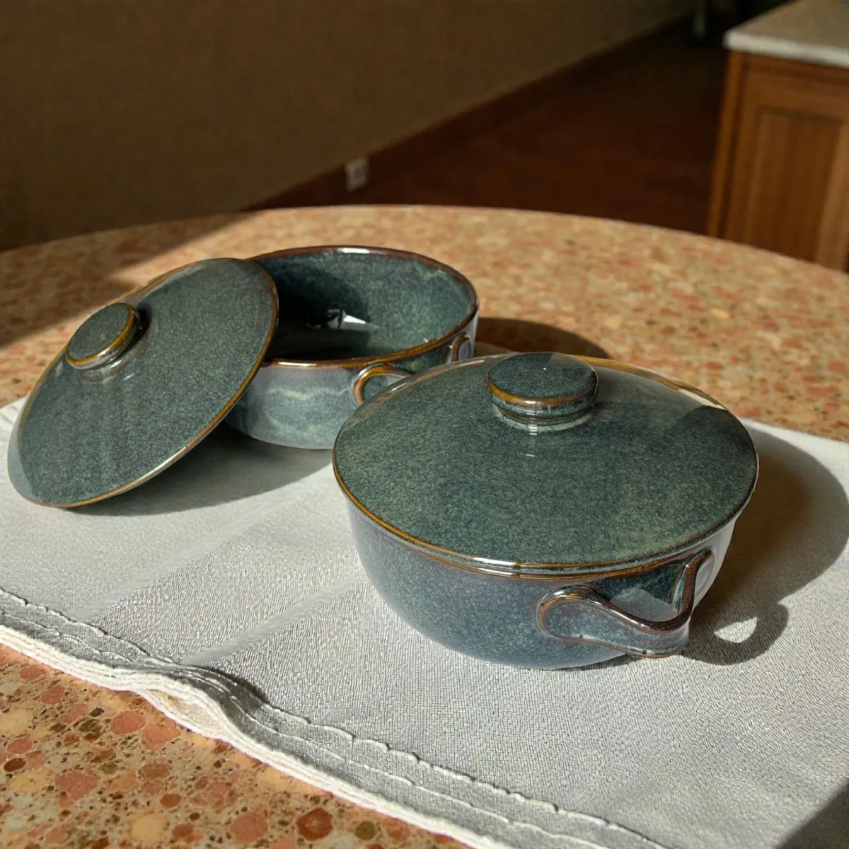 Harmiche Storm Ash Ceramic Serving Bowls with Lid (Set of 2, 1000 ml each)