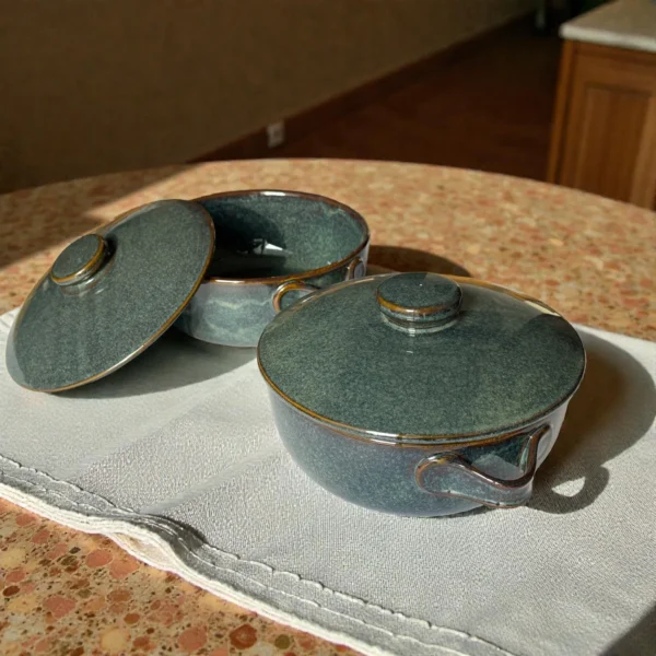 Harmiche Storm Ash Ceramic Serving Bowls with Lid (Set of 2, 1000 ml each)