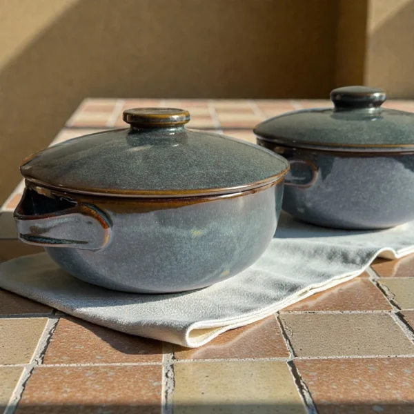 Harmiche Storm Ash Ceramic Serving Bowls with Lid (Set of 2, 1000 ml each)
