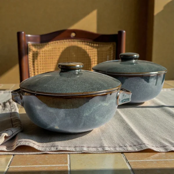 Harmiche Storm Ash Ceramic Serving Bowls with Lid (Set of 2, 1000 ml each)