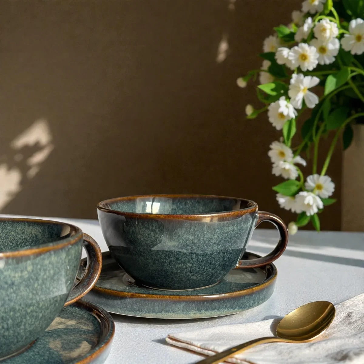Harmiche Storm Ash Ceramic Cup & Saucer Set (Set of 2 Cups with Saucers) | Tea/Coffee Cups with Matching Saucers