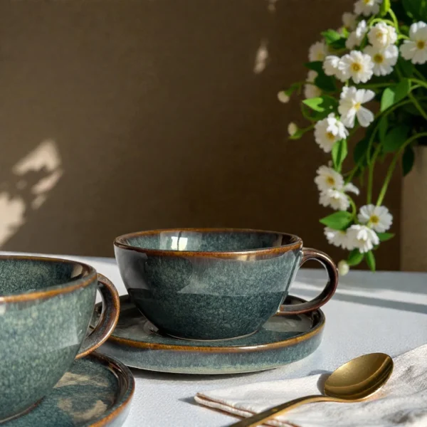 Harmiche Storm Ash Ceramic Cup & Saucer Set (Set of 2 Cups with Saucers) | Tea/Coffee Cups with Matching Saucers