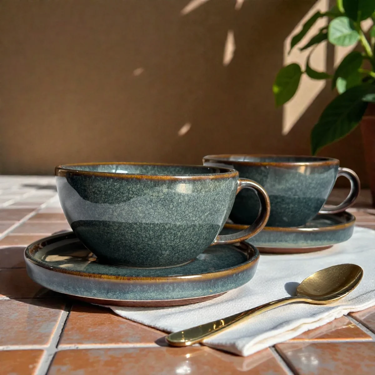 Harmiche Storm Ash Ceramic Cup & Saucer Set (Set of 2 Cups with Saucers) | Tea/Coffee Cups with Matching Saucers