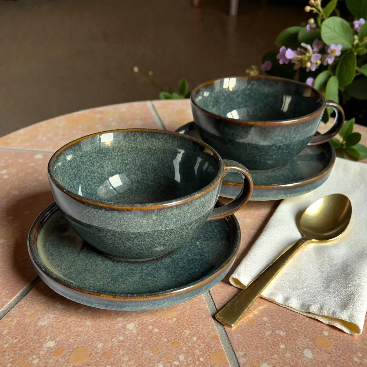 Harmiche Storm Ash Ceramic Cup & Saucer Set (Set of 2 Cups with Saucers) | Tea/Coffee Cups with Matching Saucers