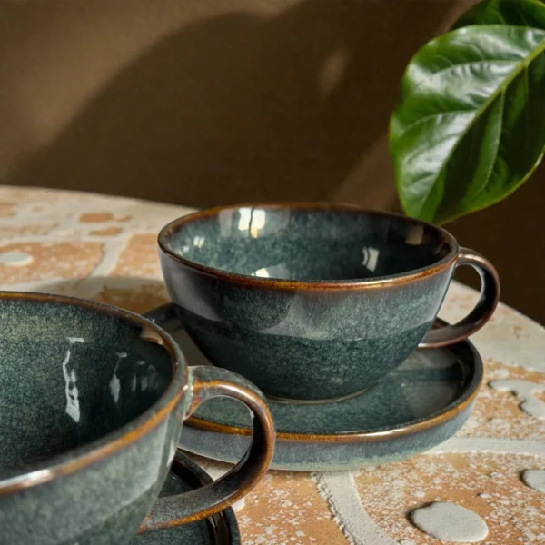 Harmiche Storm Ash Ceramic Cup & Saucer Set (Set of 2 Cups with Saucers) | Tea/Coffee Cups with Matching Saucers
